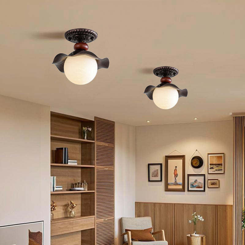 French Iron Corrugated Orb 1-Light Ceiling Light