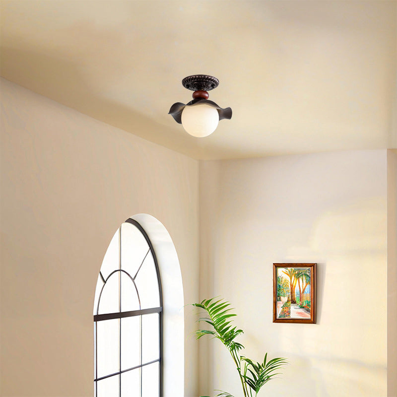 French Iron Corrugated Orb 1-Light Ceiling Light