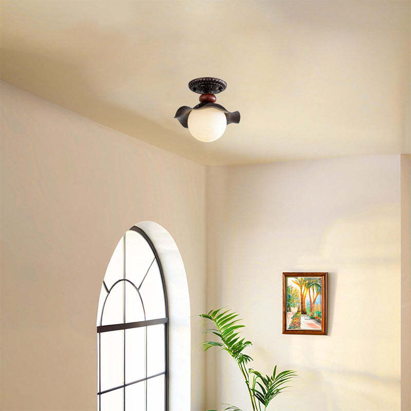 French Iron Corrugated Orb 1-Light Ceiling Light