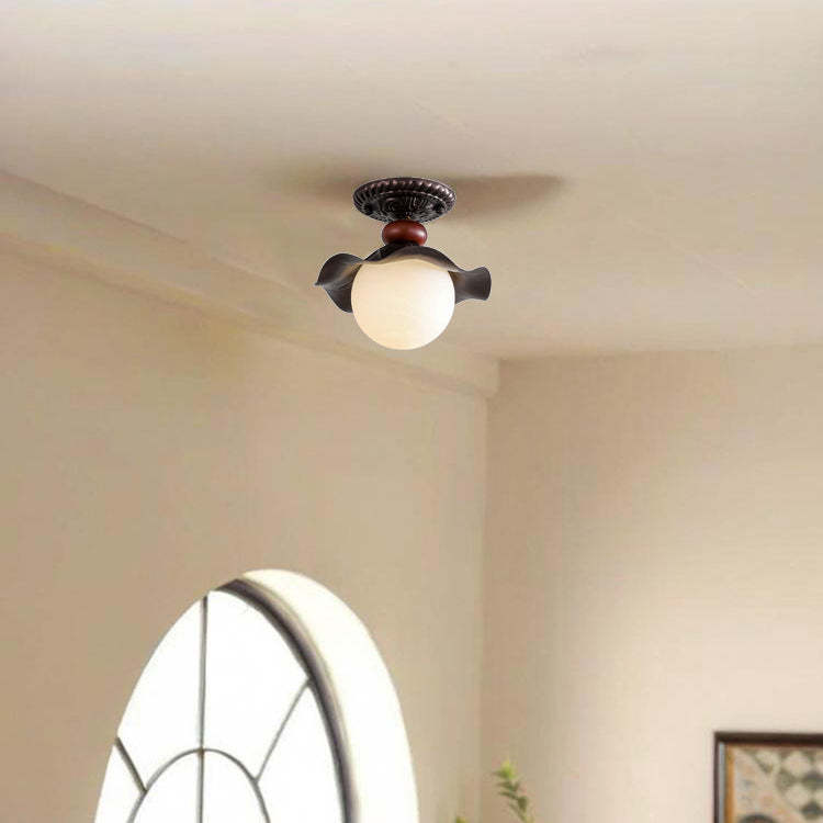 French Iron Corrugated Orb 1-Light Ceiling Light