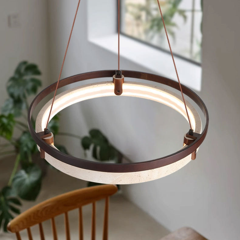 Japanese Yellow Travertine Walnut LED Chandelier — Neutral Light (4000K) / 110V-120V For US/CA