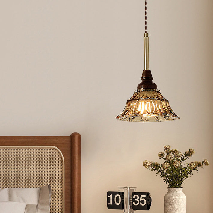French Conical Iron Glass Wood Chandelier