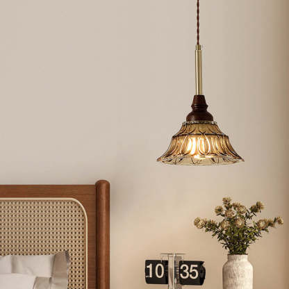French Conical Iron Glass Wood Chandelier