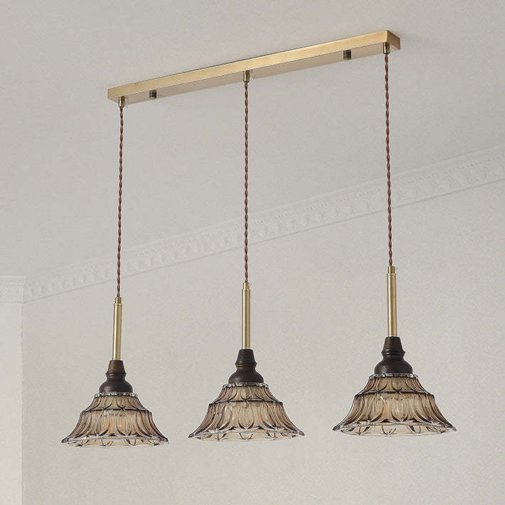 French Conical Iron Glass Wood Chandelier
