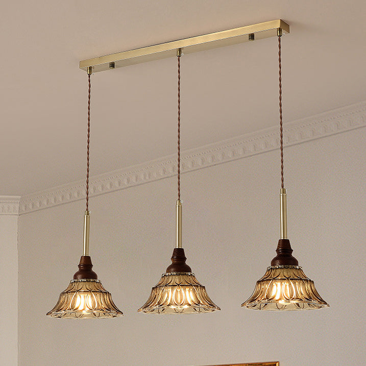 French Conical Iron Glass Wood Chandelier