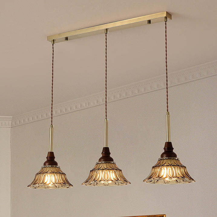 French Conical Iron Glass Wood Chandelier