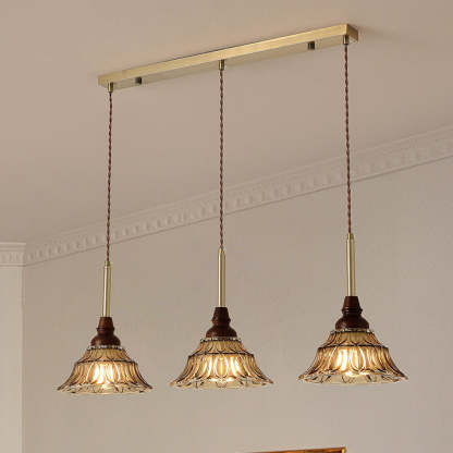 French Conical Iron Glass Wood Chandelier