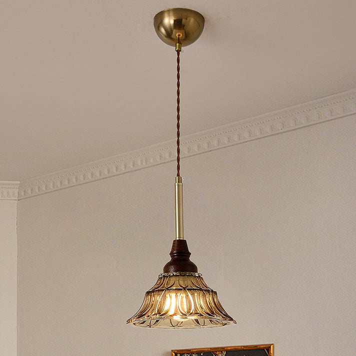 French Conical Iron Glass Wood Chandelier