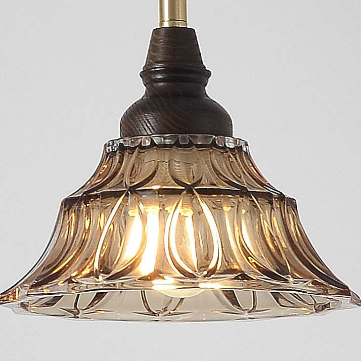 French Conical Iron Glass Wood Chandelier