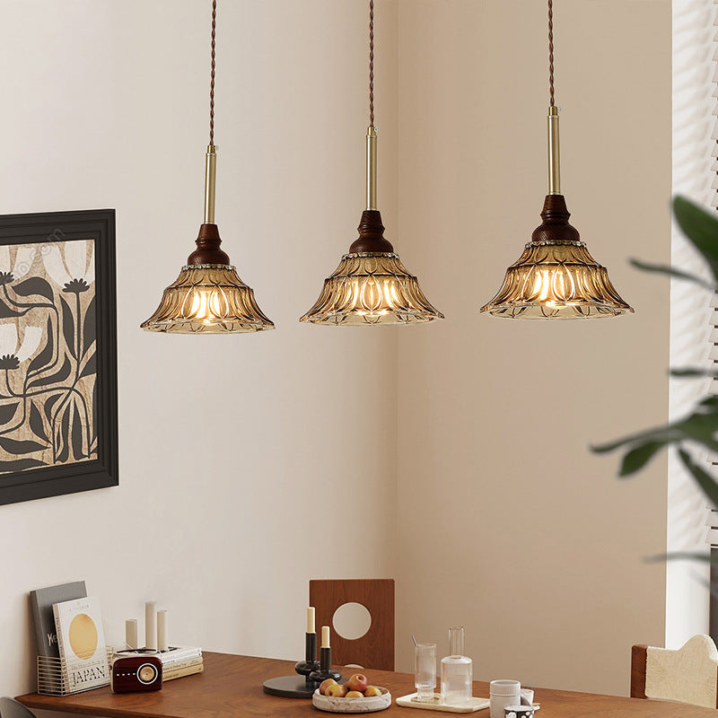 French Conical Iron Glass Wood Chandelier