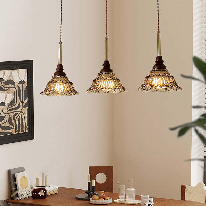 French Conical Iron Glass Wood Chandelier