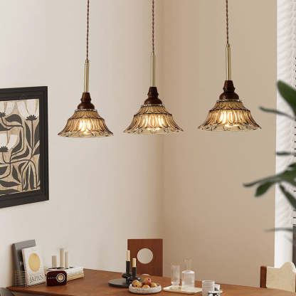 French Conical Iron Glass Wood Chandelier