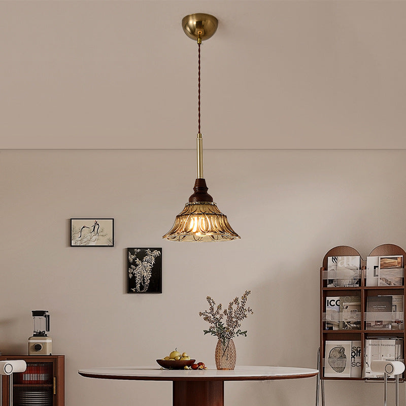 French Conical Iron Glass Wood Chandelier — 1 / 110V-120V For US/CA