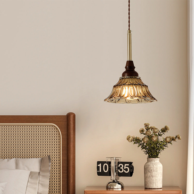 French Conical Iron Glass Wood Chandelier — 3 / 110V-120V For US/CA