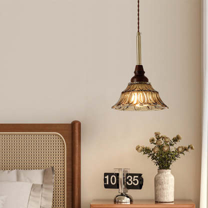 French Conical Iron Glass Wood Chandelier — 3 / 110V-120V For US/CA