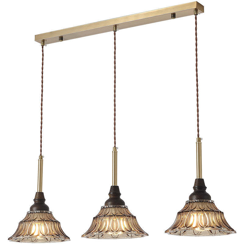 French Conical Iron Glass Wood Chandelier