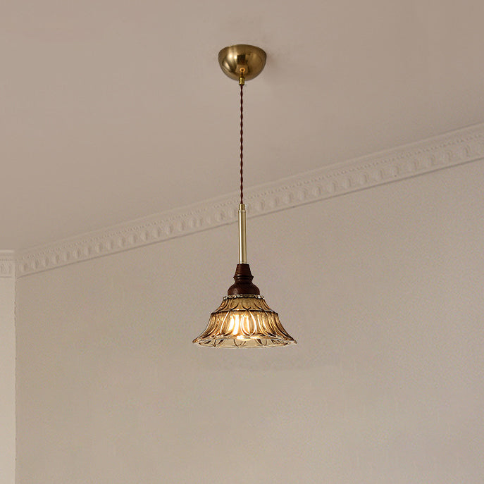 French Conical Iron Glass Wood Chandelier
