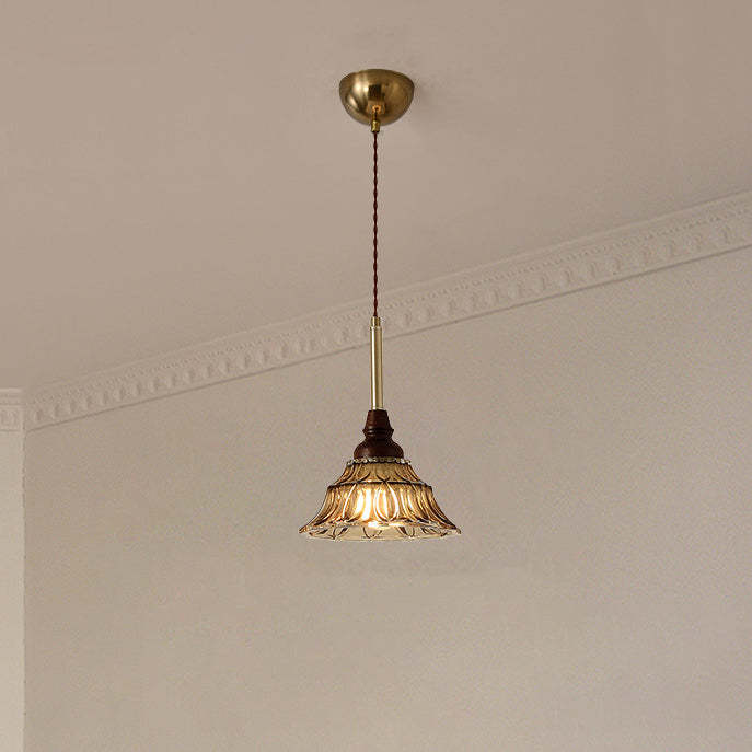 French Conical Iron Glass Wood Chandelier