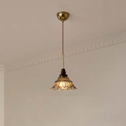 French Conical Iron Glass Wood Chandelier