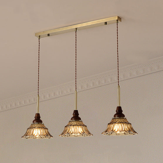 French Conical Iron Glass Wood Chandelier