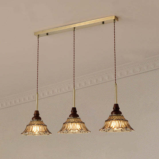 French Conical Iron Glass Wood Chandelier