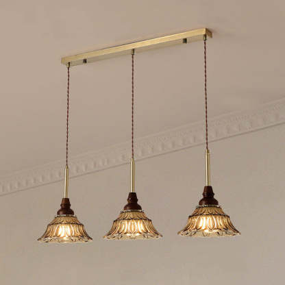 French Conical Iron Glass Wood Chandelier