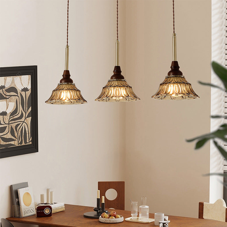 French Conical Iron Glass Wood Chandelier