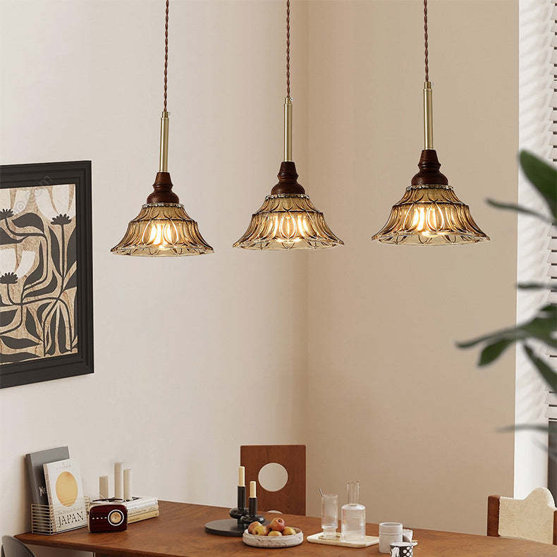French Conical Iron Glass Wood Chandelier