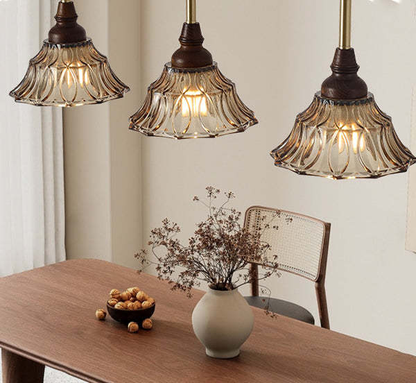 French Conical Iron Glass Wood Chandelier