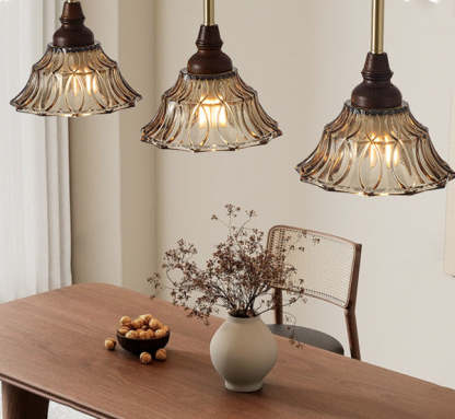 French Conical Iron Glass Wood Chandelier