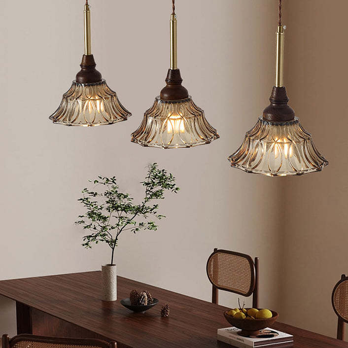 French Conical Iron Glass Wood Chandelier