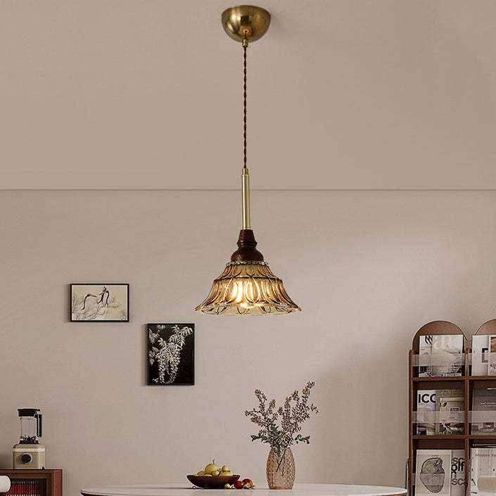 French Conical Iron Glass Wood Chandelier