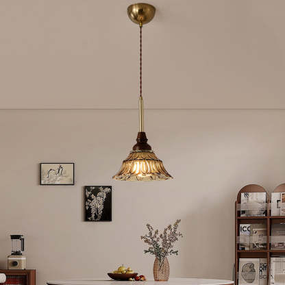 French Conical Iron Glass Wood Chandelier