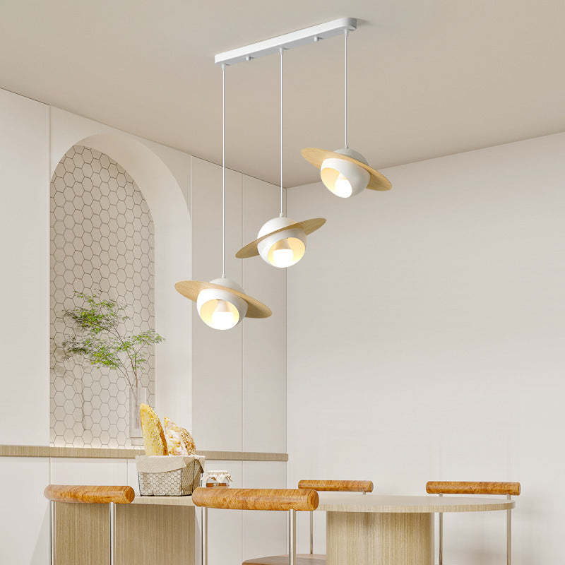 Nordic UFO Iron Aluminum Chandelier — White + Wood Grain / 220V-240V For UK/AU