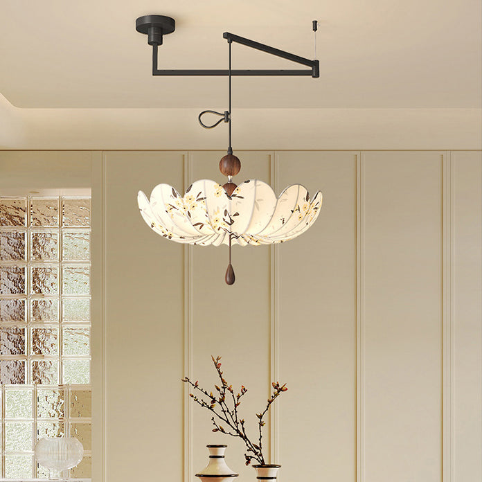 French Semicircle Bud Fabric Iron Wood Chandelier