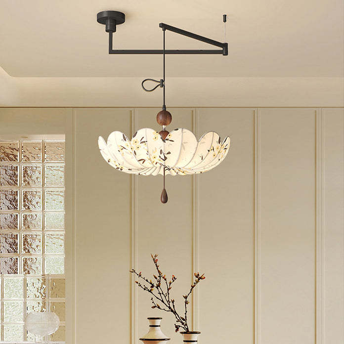 French Semicircle Bud Fabric Iron Wood Chandelier