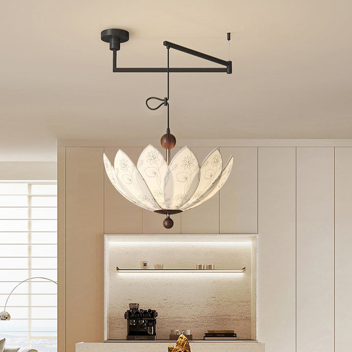 French Semicircle Bud Fabric Iron Wood Chandelier