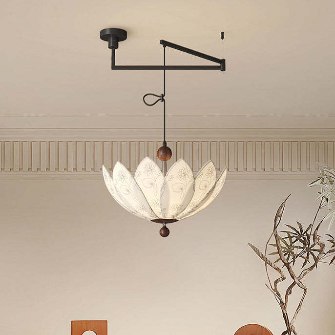 French Semicircle Bud Fabric Iron Wood Chandelier