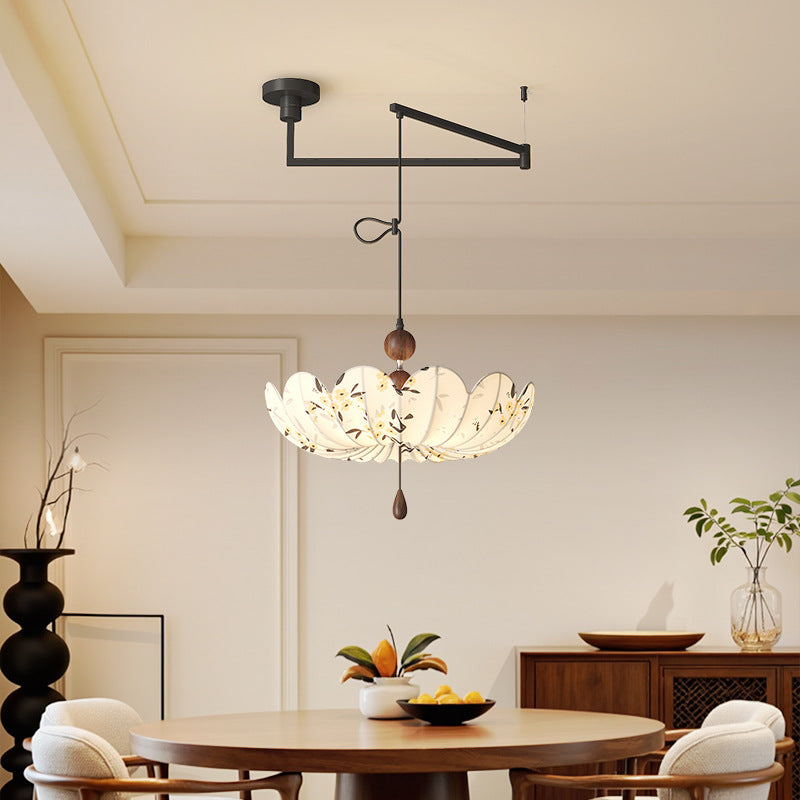French Semicircle Bud Fabric Iron Wood Chandelier