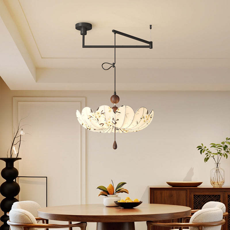 French Semicircle Bud Fabric Iron Wood Chandelier
