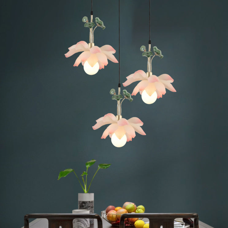 Chinese Lotus Orb Iron Resin Ceramic Chandelier — 3 / 110V-120V For US/CA
