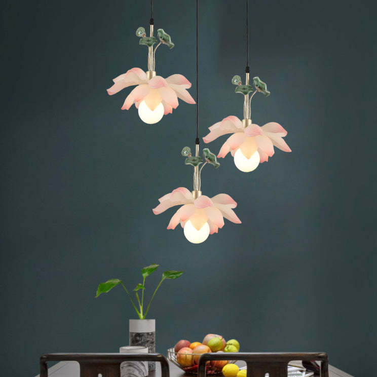Chinese Lotus Orb Iron Resin Ceramic Chandelier — 3 / 110V-120V For US/CA