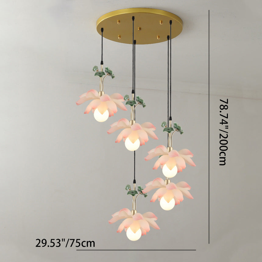 Chinese Lotus Orb Iron Resin Ceramic Chandelier — 5 / 220V-240V For UK/AU