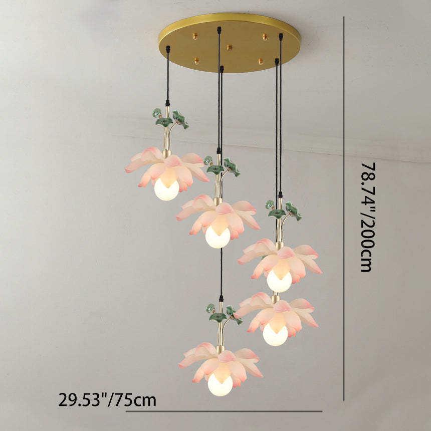 Chinese Lotus Orb Iron Resin Ceramic Chandelier — 5 / 220V-240V For UK/AU