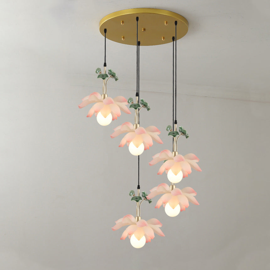Chinese Lotus Orb Iron Resin Ceramic Chandelier