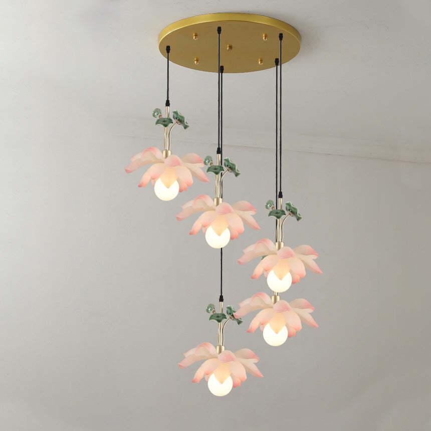 Chinese Lotus Orb Iron Resin Ceramic Chandelier