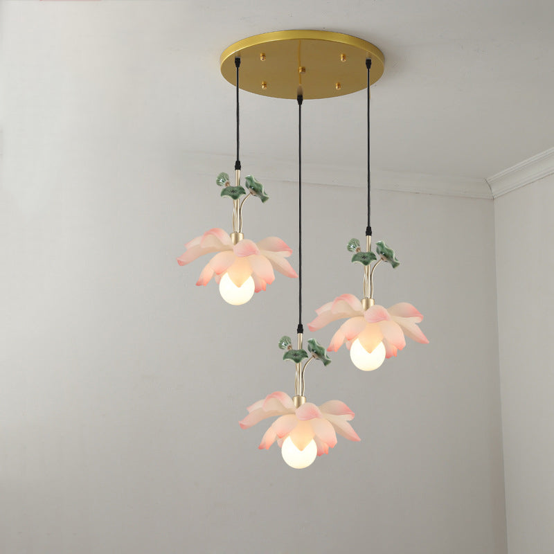 Chinese Lotus Orb Iron Resin Ceramic Chandelier