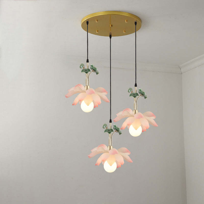 Chinese Lotus Orb Iron Resin Ceramic Chandelier