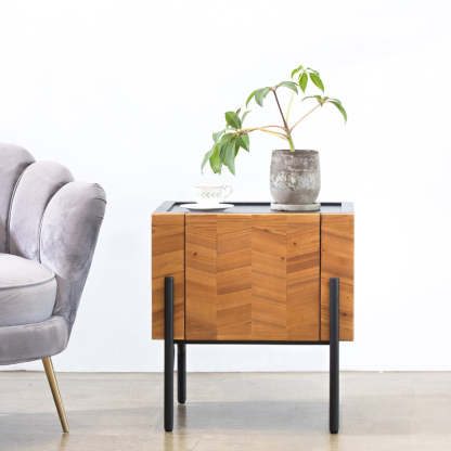 Scandinavian Square Iron Fir Wood 2-Tier Nightstand — Brown +Black