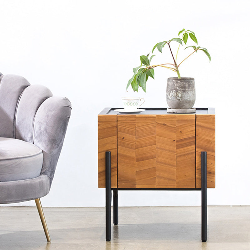 Scandinavian Square Iron Fir Wood 2-Tier Nightstand